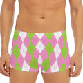 Green Pink And White Argyle Print Men's Short Boxer Briefs