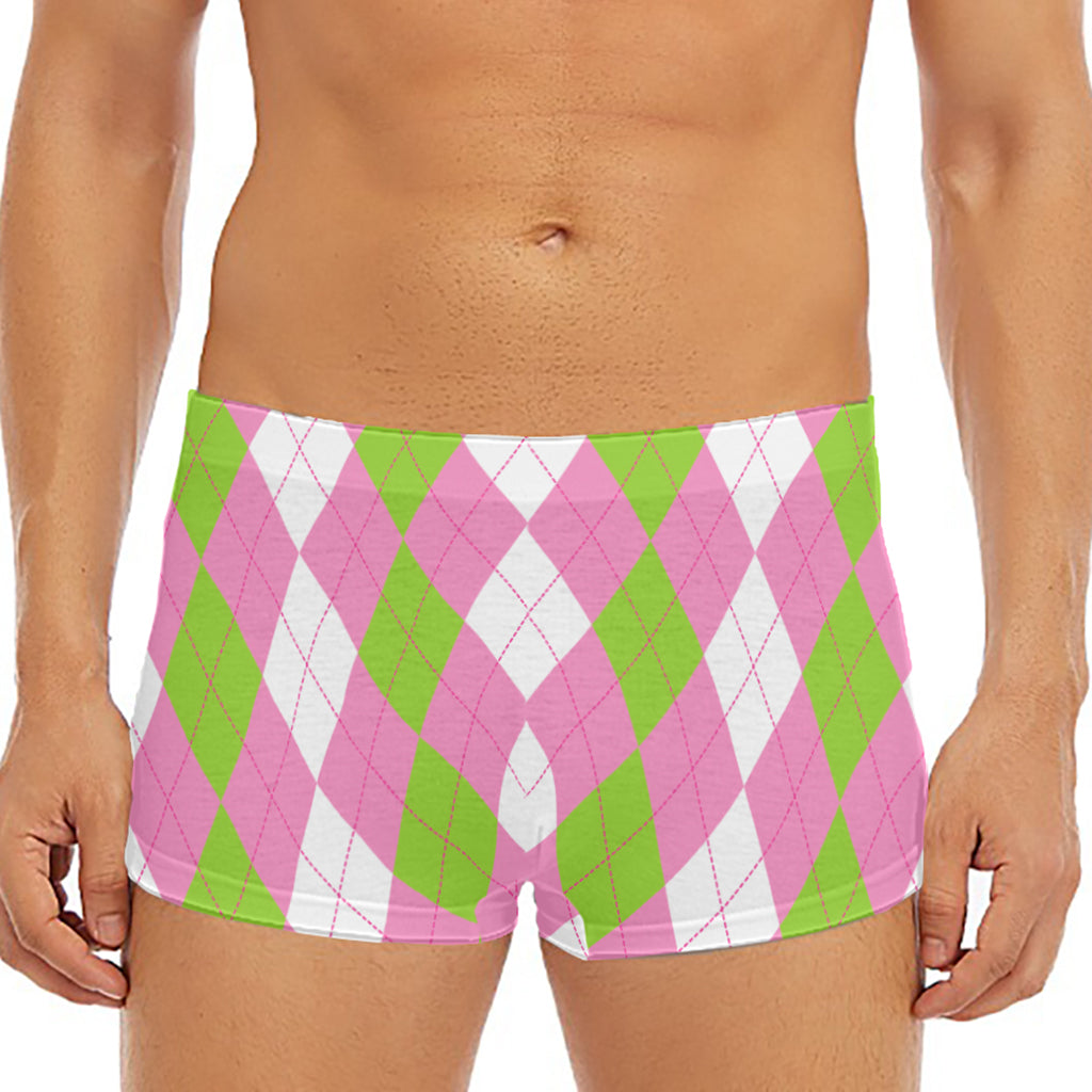 Green Pink And White Argyle Print Men's Short Boxer Briefs