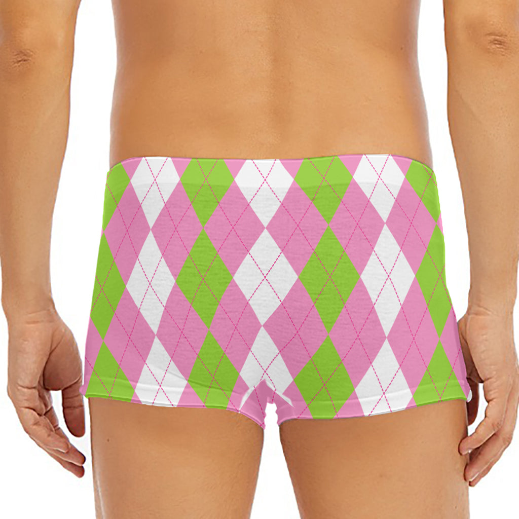 Green Pink And White Argyle Print Men's Short Boxer Briefs