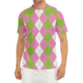 Green Pink And White Argyle Print Men's Short Sleeve Rash Guard