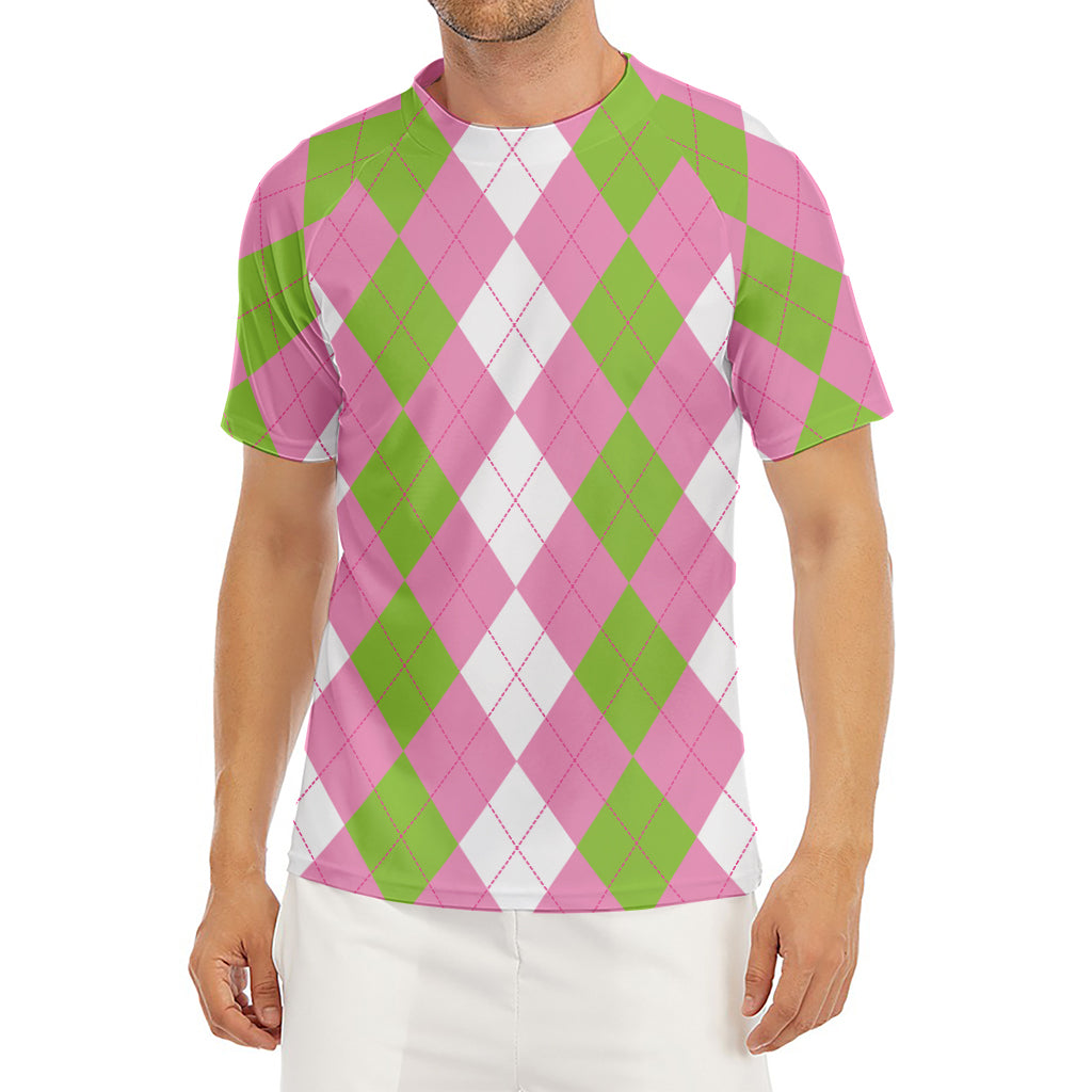 Green Pink And White Argyle Print Men's Short Sleeve Rash Guard
