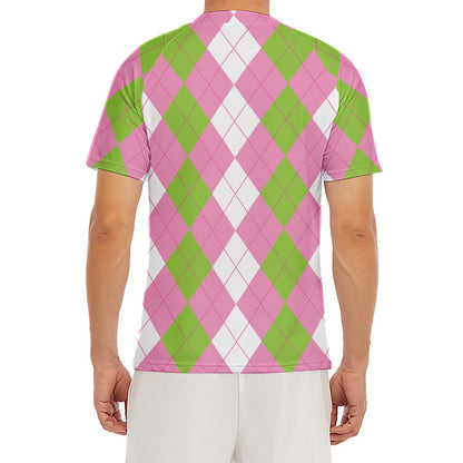 Green Pink And White Argyle Print Men's Short Sleeve Rash Guard