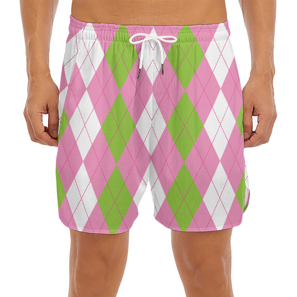Green Pink And White Argyle Print Men's Split Running Shorts