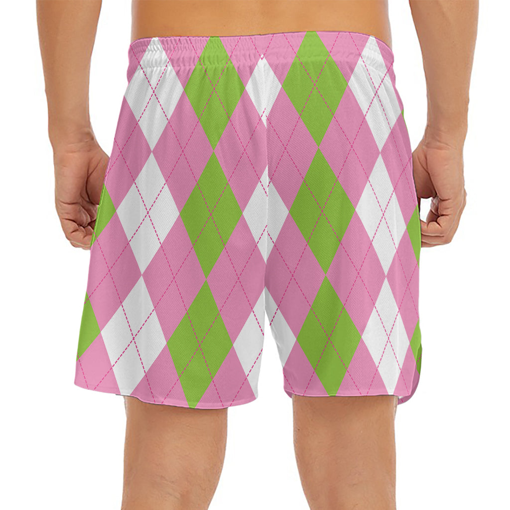 Green Pink And White Argyle Print Men's Split Running Shorts
