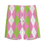Green Pink And White Argyle Print Men's Sports Shorts