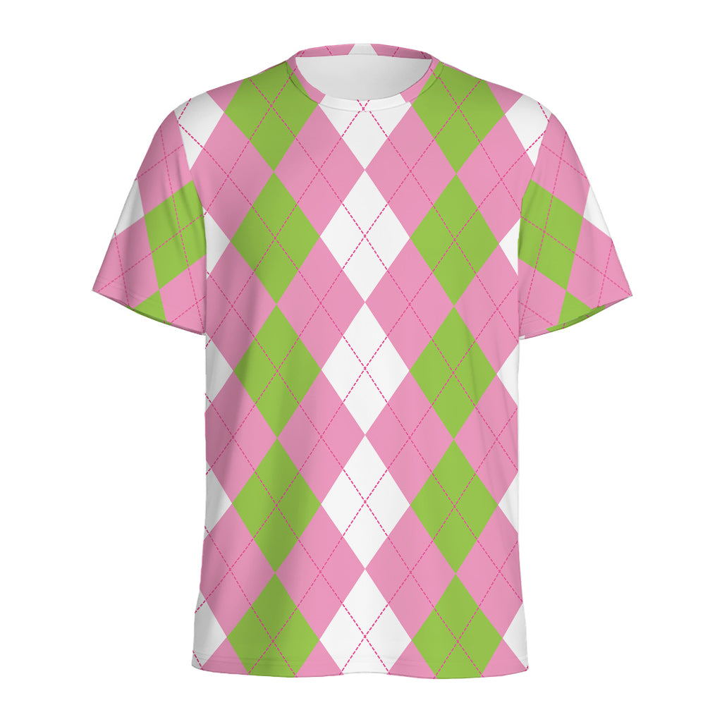 Green Pink And White Argyle Print Men's Sports T-Shirt