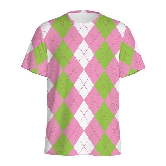 Green Pink And White Argyle Print Men's Sports T-Shirt