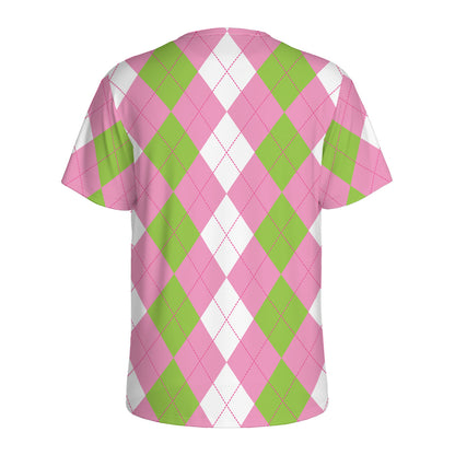 Green Pink And White Argyle Print Men's Sports T-Shirt
