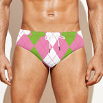 Green Pink And White Argyle Print Men's Swim Briefs