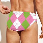 Green Pink And White Argyle Print Men's Swim Briefs