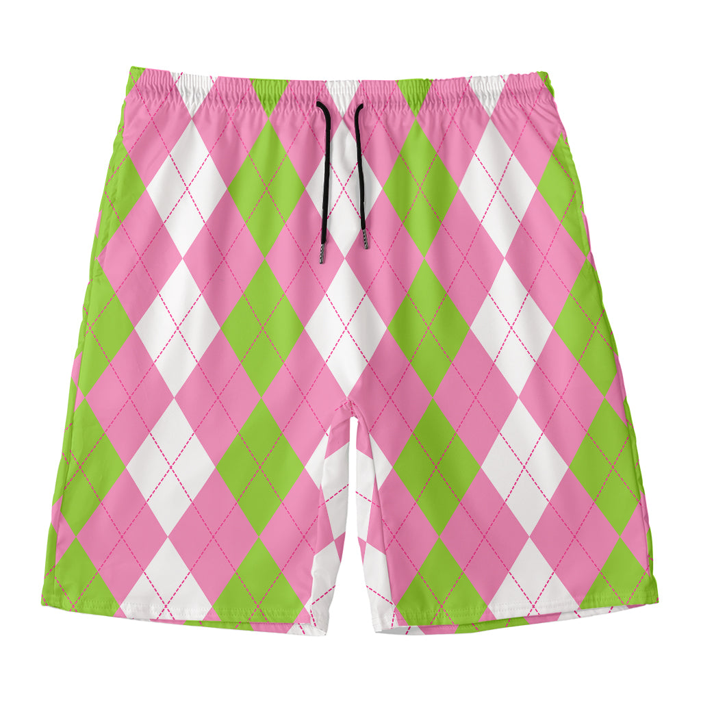 Green Pink And White Argyle Print Men's Swim Trunks