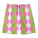 Green Pink And White Argyle Print Men's Swim Trunks