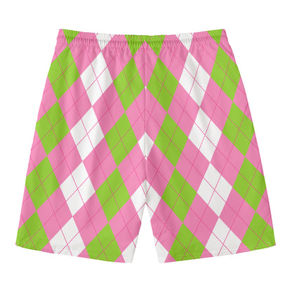 Green Pink And White Argyle Print Men's Swim Trunks