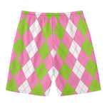 Green Pink And White Argyle Print Men's Swim Trunks