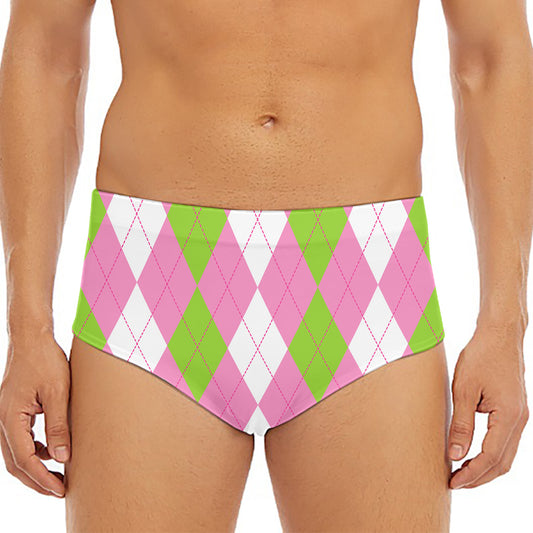 Green Pink And White Argyle Print Men's Triangle Swim Briefs