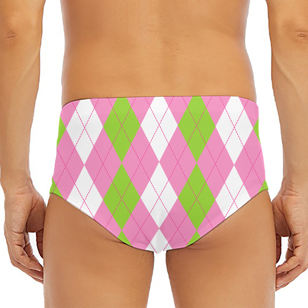 Green Pink And White Argyle Print Men's Triangle Swim Briefs