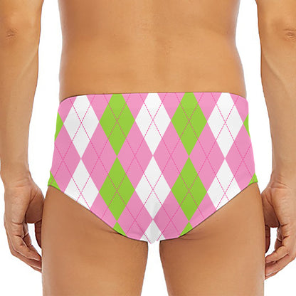 Green Pink And White Argyle Print Men's Triangle Swim Briefs