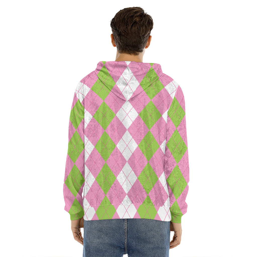 Green Pink And White Argyle Print Men's Velvet Pullover Hoodie