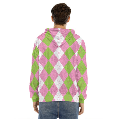 Green Pink And White Argyle Print Men's Velvet Pullover Hoodie
