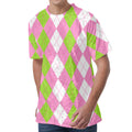 Green Pink And White Argyle Print Men's Velvet T-Shirt
