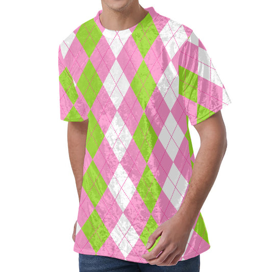 Green Pink And White Argyle Print Men's Velvet T-Shirt