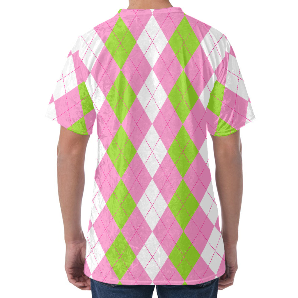Green Pink And White Argyle Print Men's Velvet T-Shirt