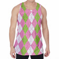 Green Pink And White Argyle Print Men's Velvet Tank Top
