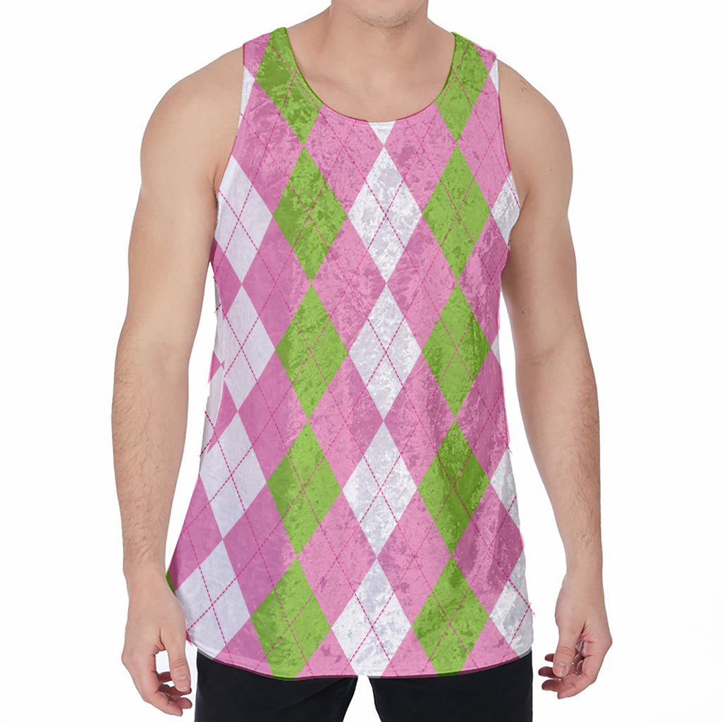 Green Pink And White Argyle Print Men's Velvet Tank Top