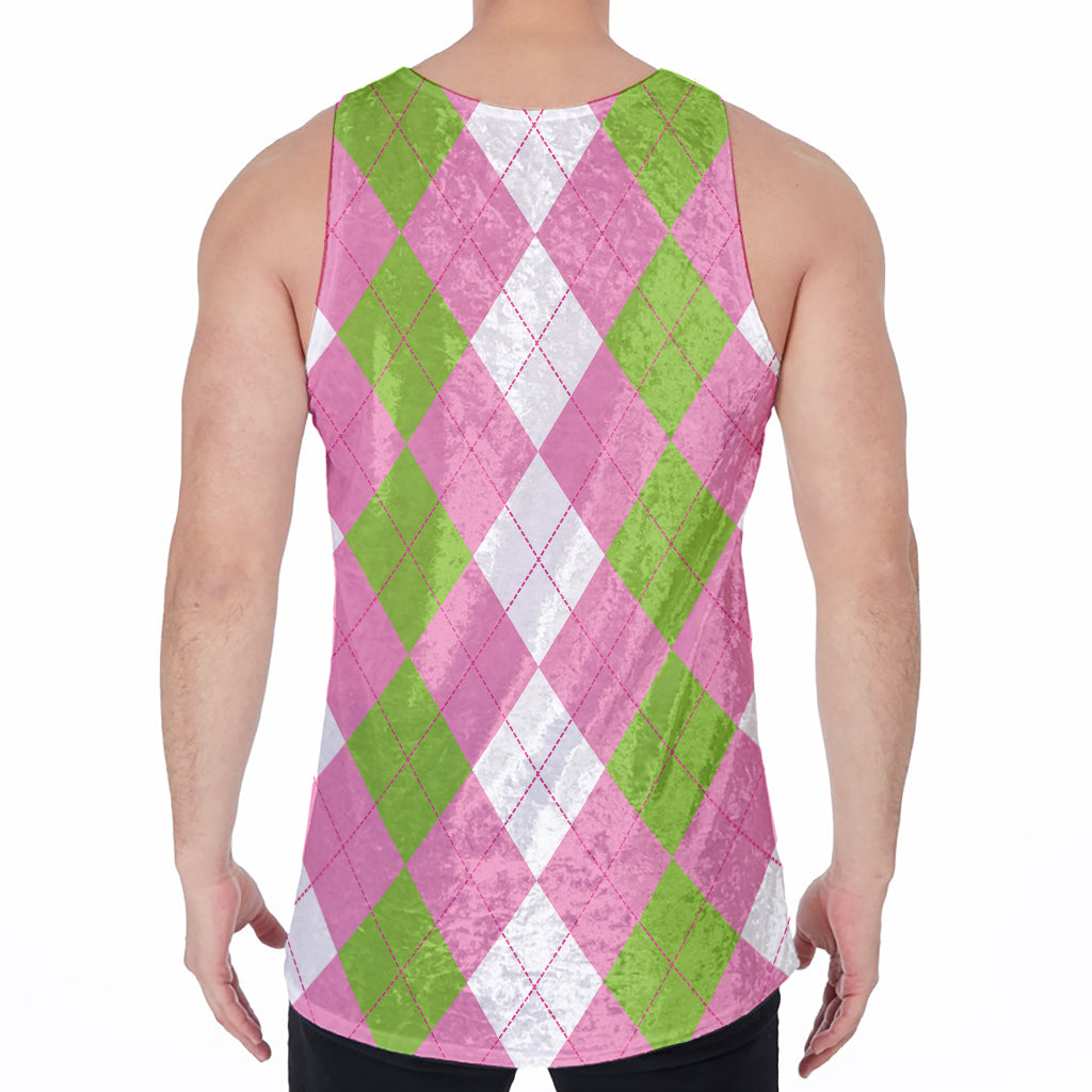 Green Pink And White Argyle Print Men's Velvet Tank Top