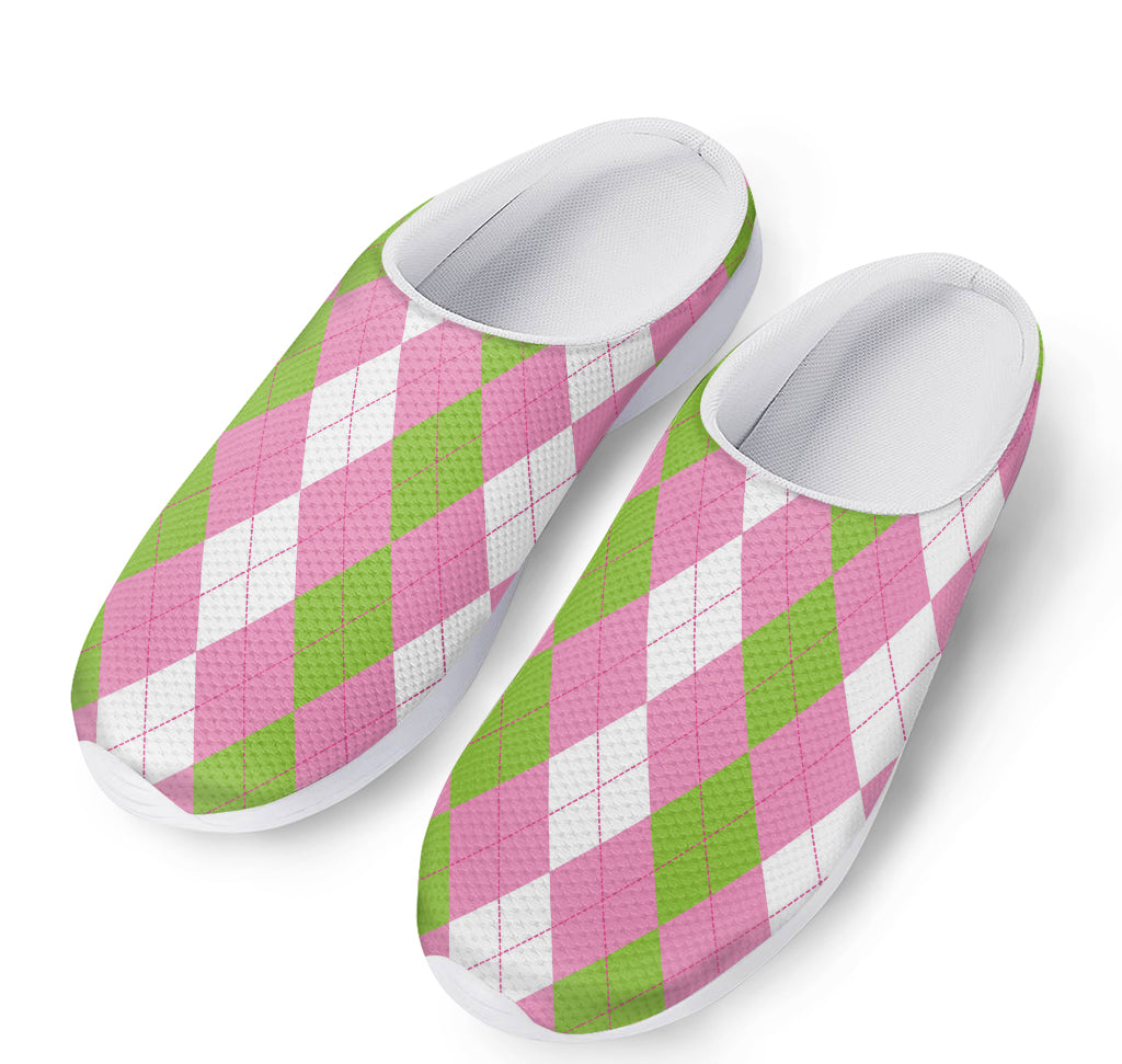 Green Pink And White Argyle Print Mesh Casual Shoes