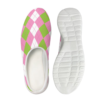 Green Pink And White Argyle Print Mesh Casual Shoes