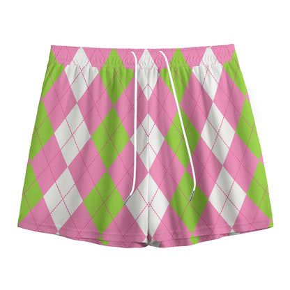 Green Pink And White Argyle Print Mesh Shorts