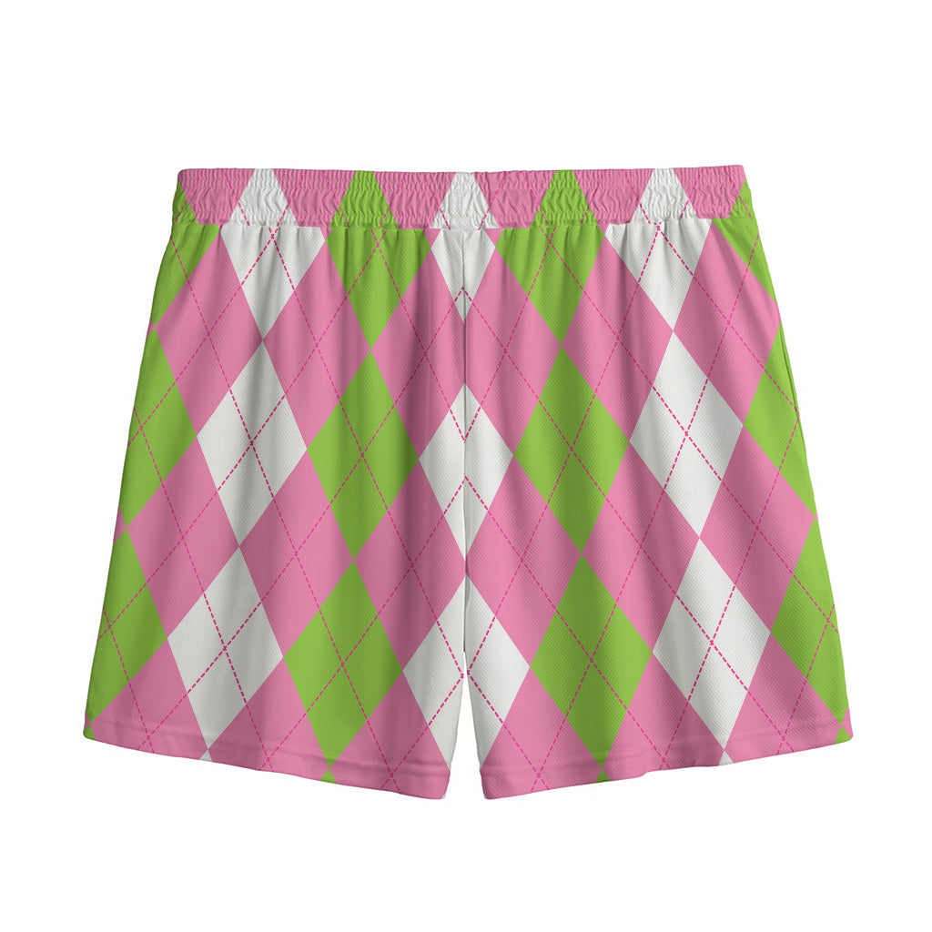 Green Pink And White Argyle Print Mesh Shorts