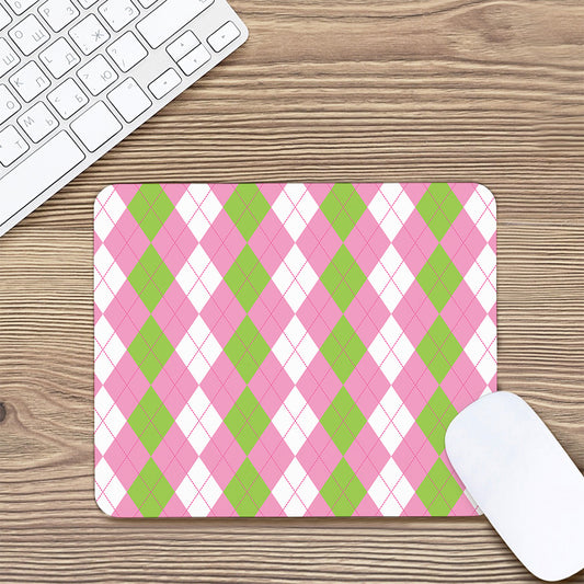 Green Pink And White Argyle Print Mouse Pad