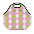 Green Pink And White Argyle Print Neoprene Lunch Bag