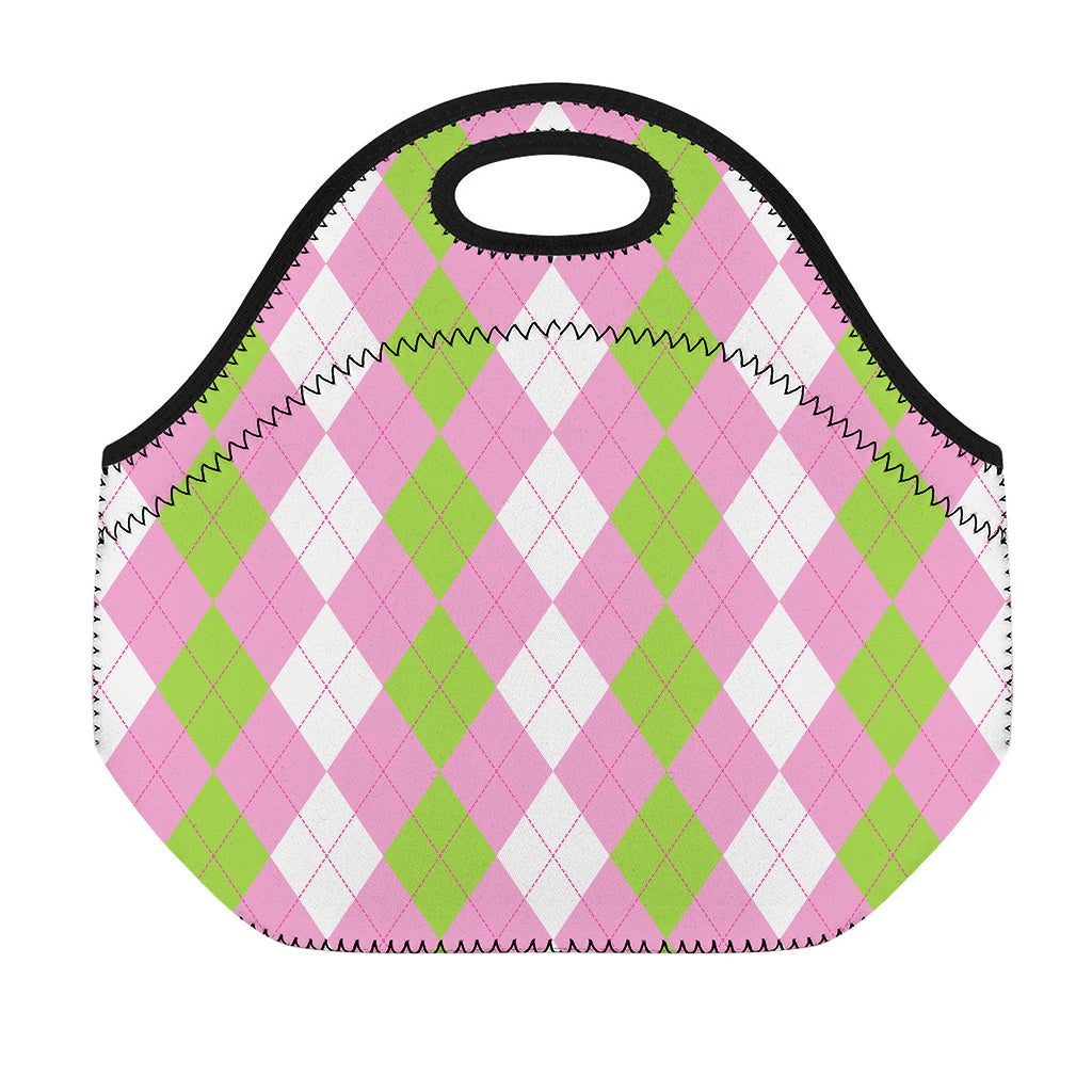 Green Pink And White Argyle Print Neoprene Lunch Bag