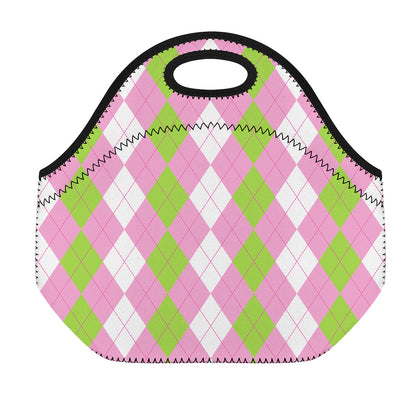 Green Pink And White Argyle Print Neoprene Lunch Bag