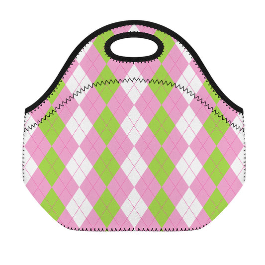Green Pink And White Argyle Print Neoprene Lunch Bag