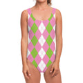 Green Pink And White Argyle Print One Piece Swimsuit