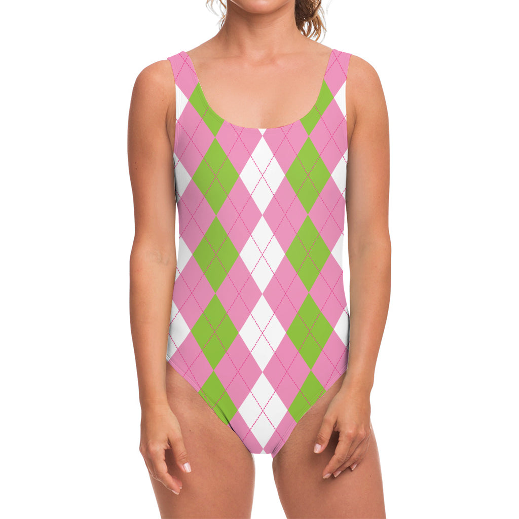 Green Pink And White Argyle Print One Piece Swimsuit