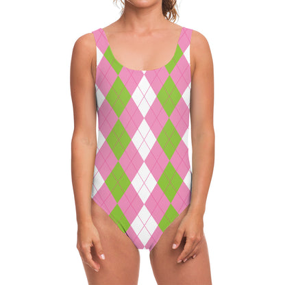 Green Pink And White Argyle Print One Piece Swimsuit