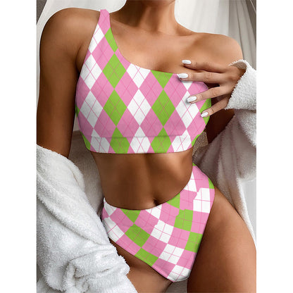 Green Pink And White Argyle Print One Shoulder Bikini Top