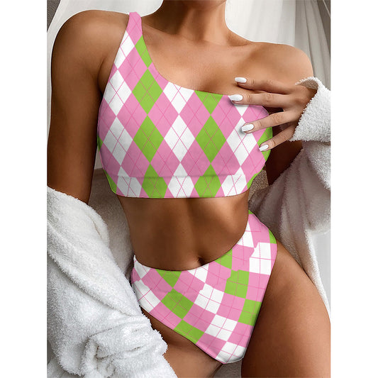 Green Pink And White Argyle Print One Shoulder Bikini Top