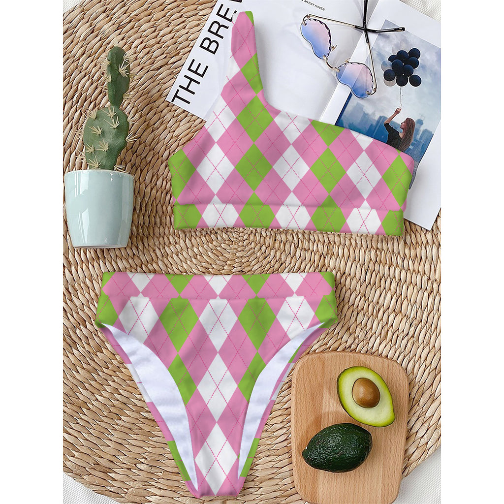 Green Pink And White Argyle Print One Shoulder Bikini Top