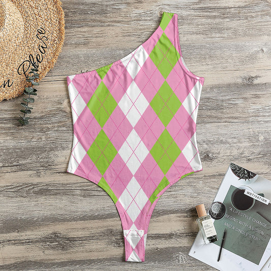 Green Pink And White Argyle Print One Shoulder Bodysuit