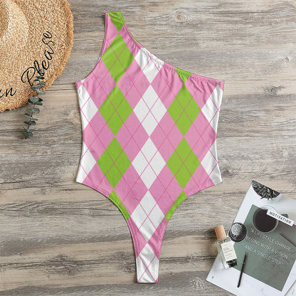 Green Pink And White Argyle Print One Shoulder Bodysuit