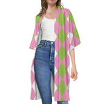 Green Pink And White Argyle Print Open Front Beach Cover Up