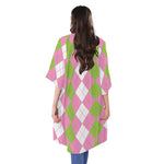 Green Pink And White Argyle Print Open Front Beach Cover Up