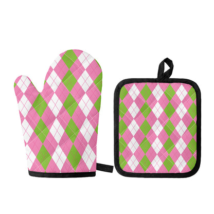 Green Pink And White Argyle Print Oven Mitt And Pot Holder Set