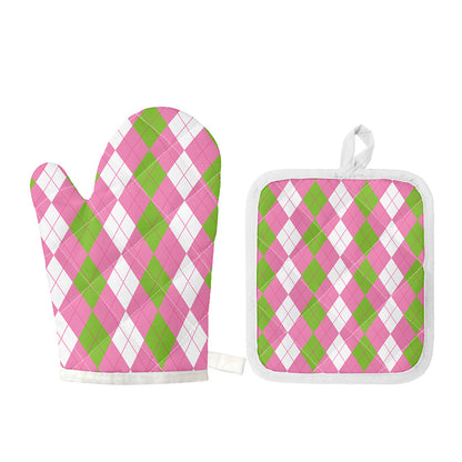 Green Pink And White Argyle Print Oven Mitt And Pot Holder Set